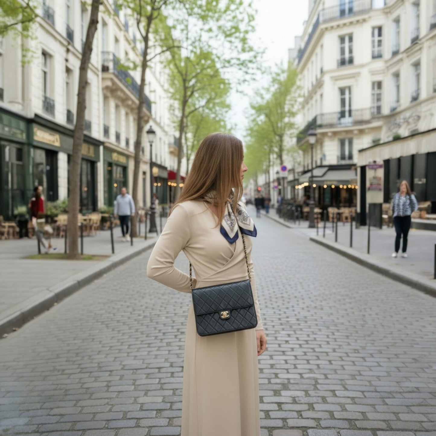 Frau trägt Chanel Single Flap Black auf der Straße
