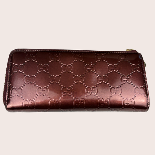 Gucci Guccissima Zippy Wallet Bordeaux Metallic GG Monogram Frontansicht