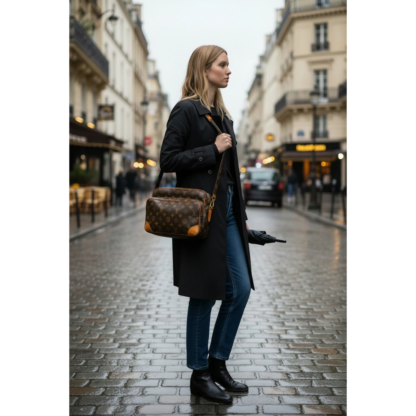 Model Tragefoto der Louis Vuitton Nile Vintage Tasche auf der Straße.