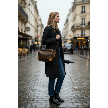 Model Tragefoto der Louis Vuitton Nile Vintage Tasche auf der Straße.