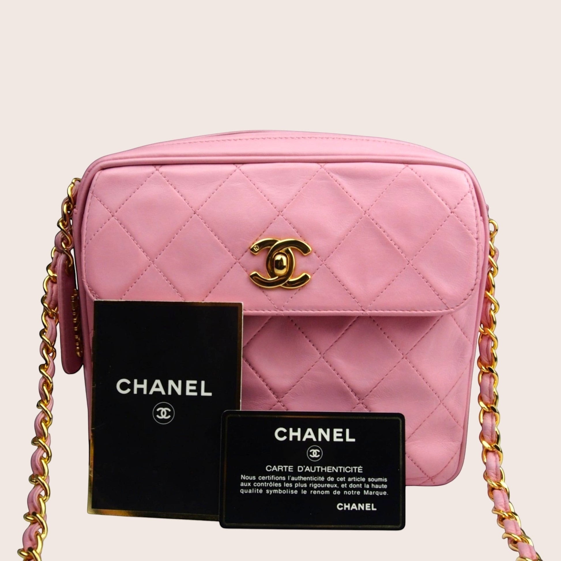Nandalee pink quilted lambskin Chanel camera bag with gold hardware and tassel detail. Includes authenticity card.