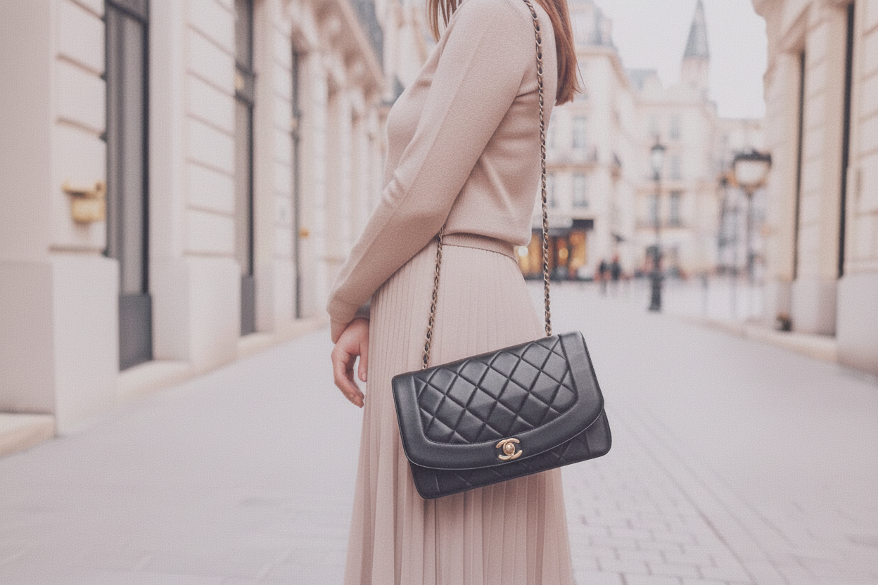 Getragene schwarze Vintage-Chanel-Designertasche im französischen Street-Style auf einer Pariser Straße.